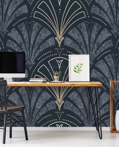 Papel de parede art déco azul escuro e dourado