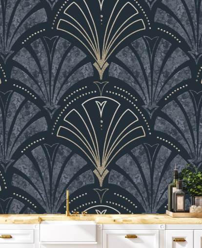 Tummansininen ja kulta art deco tapetti
