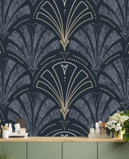 Dark blue and gold art deco wallpaper