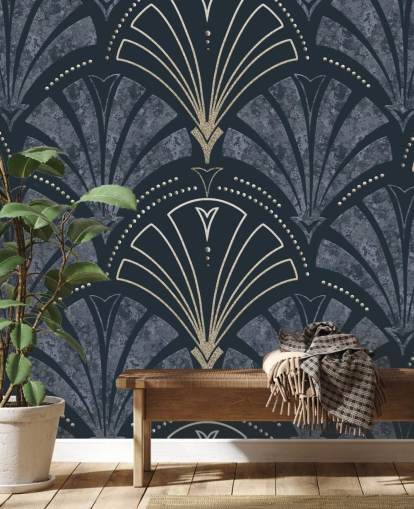 Dark blue and gold art deco wallpaper