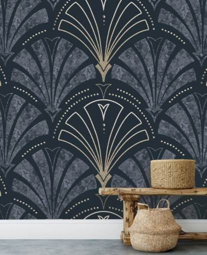 Art Deco-behang in donkerblauw en goud Art Deco-behang in donkerblauw en goud