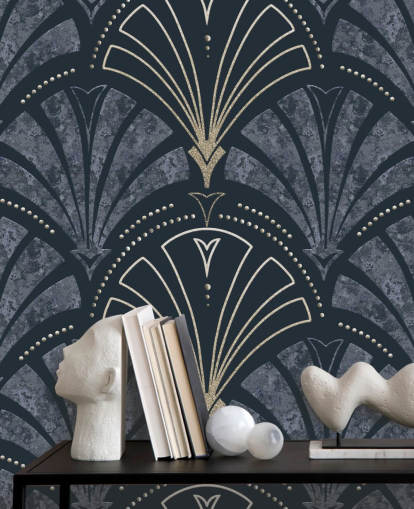 Art Deco-behang in donkerblauw en goud Art Deco-behang in donkerblauw en goud