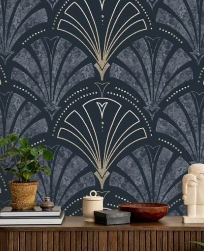 Tummansininen ja kulta art deco tapetti Tummansininen ja kulta art deco tapetti