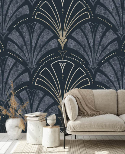 Mørk blå og gull art deco tapet
