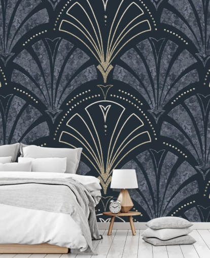 Mörkblå och guld art deco tapet