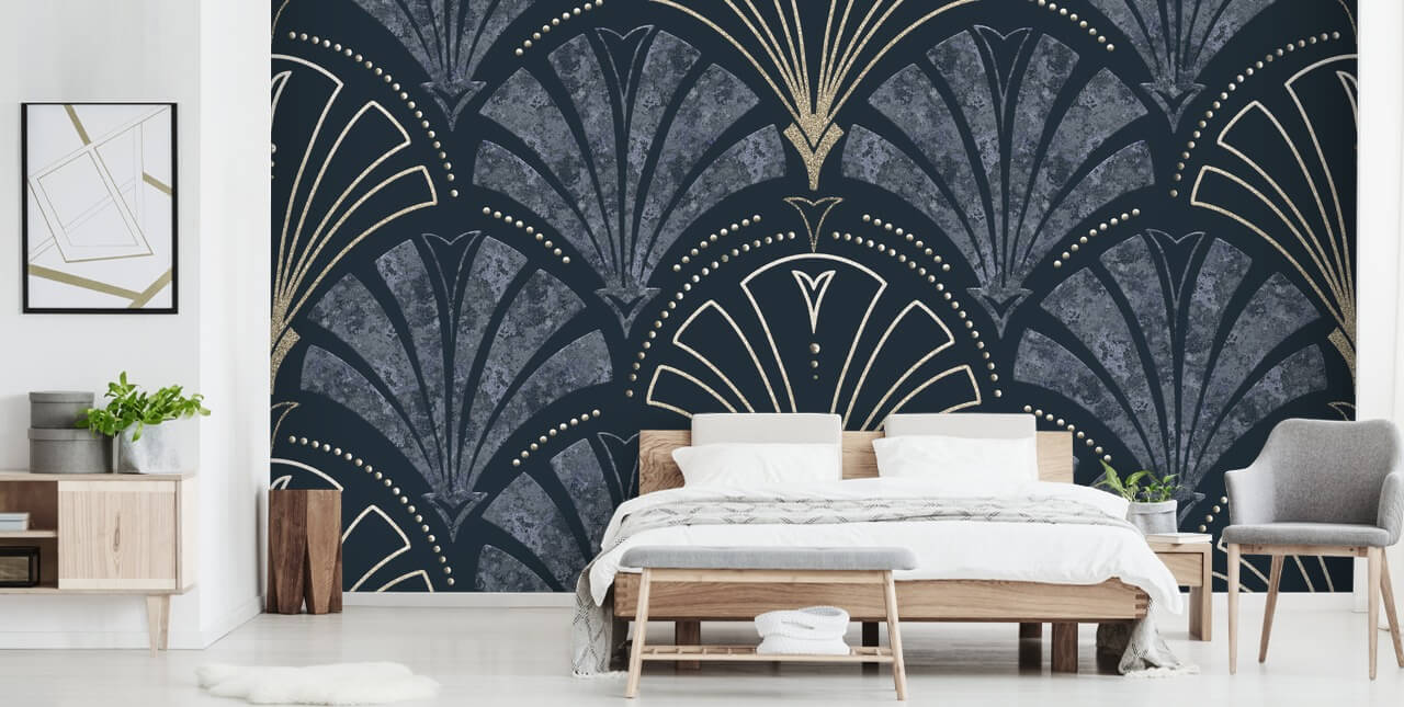 Papel de parede art déco azul escuro e dourado