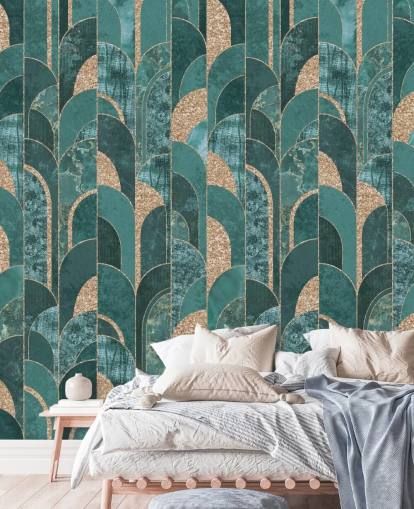 Donker en licht groenblauw met gouden vormen art deco-behang Donker en licht groenblauw met gouden vormen art deco-behang