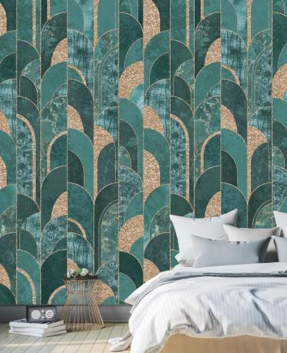 Papel pintado art decó verde azulado oscuro y claro con formas doradas Papel pintado art decó verde azulado oscuro y claro con formas doradas