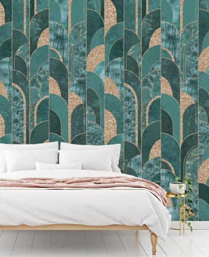 Dark and light teal with golden shapes art deco wallpaper