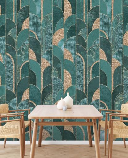 Dark and light teal with golden shapes art deco wallpaper