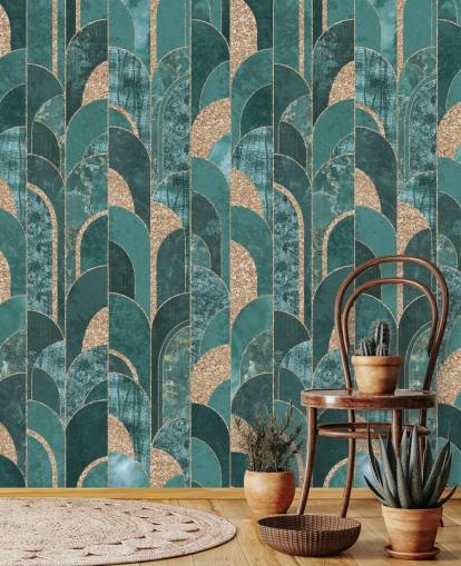 Donker en licht groenblauw met gouden vormen art deco-behang Donker en licht groenblauw met gouden vormen art deco-behang