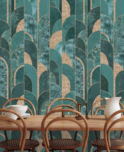 Dark and light teal with golden shapes art deco wallpaper