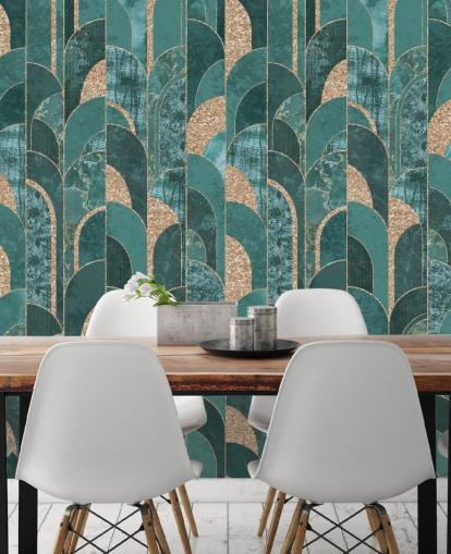 Donker en licht groenblauw met gouden vormen art deco-behang Donker en licht groenblauw met gouden vormen art deco-behang