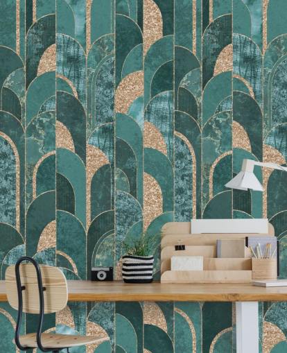 Dark and light teal with golden shapes art deco wallpaper