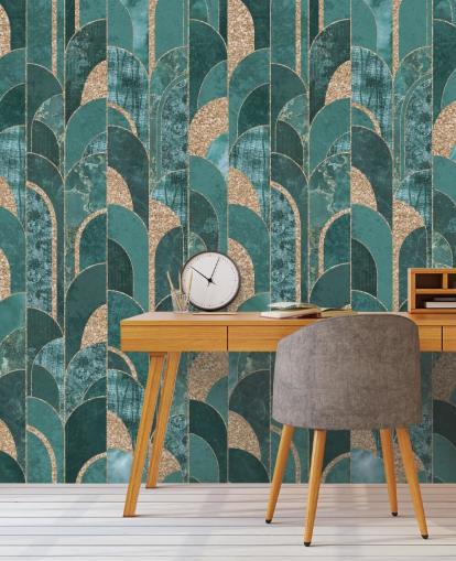 Tumma ja vaalea sinivihreät kultaisilla muodoilla art deco -taustakuva Tumma ja vaalea sinivihreät kultaisilla muodoilla art deco -taustakuva