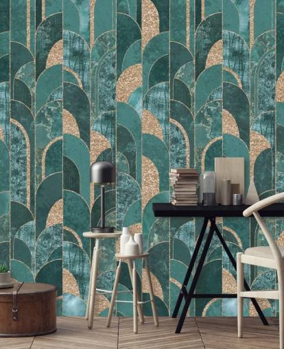 Papel pintado art decó verde azulado oscuro y claro con formas doradas Papel pintado art decó verde azulado oscuro y claro con formas doradas
