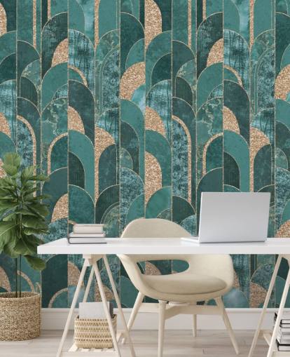 Dark and light teal with golden shapes art deco wallpaper