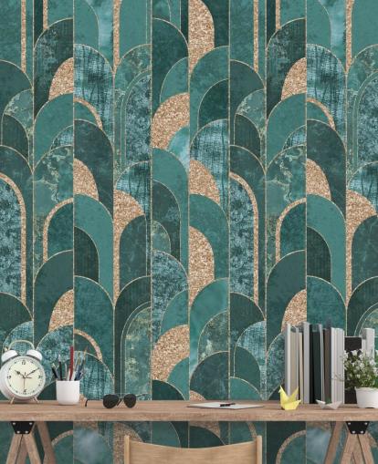 Dark and light teal with golden shapes art deco wallpaper