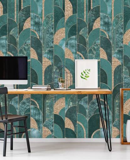 Papel de parede art déco escuro e claro com formas douradas