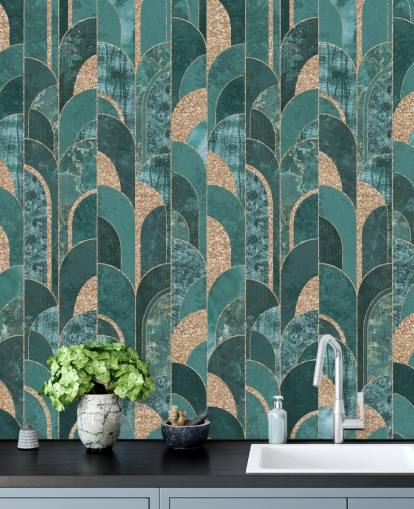 Dark and light teal with golden shapes art deco wallpaper