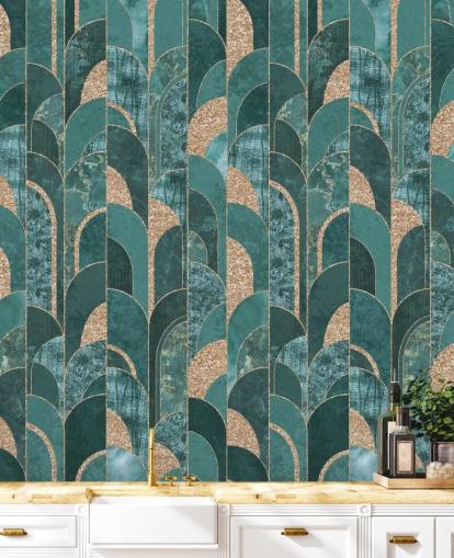 Dark and light teal with golden shapes art deco wallpaper