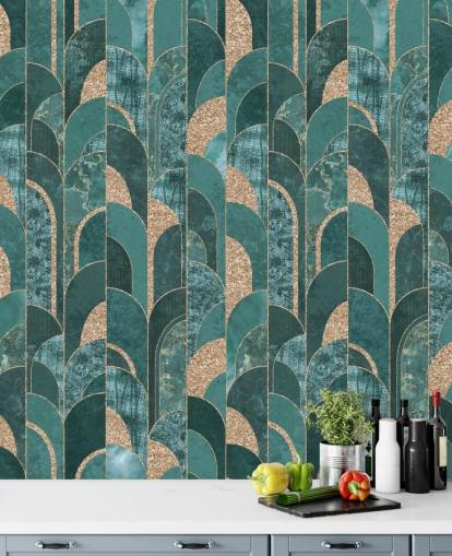 Dark and light teal with golden shapes art deco wallpaper