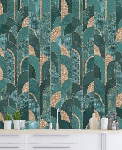 Papel pintado art decó verde azulado oscuro y claro con formas doradas
