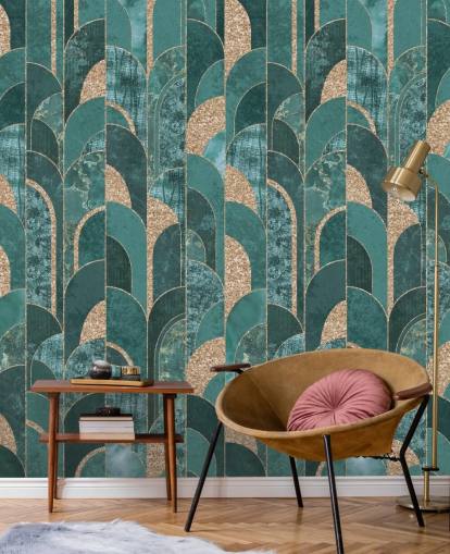 Dark and light teal with golden shapes art deco wallpaper