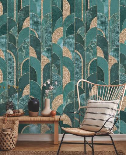 Donker en licht groenblauw met gouden vormen art deco-behang