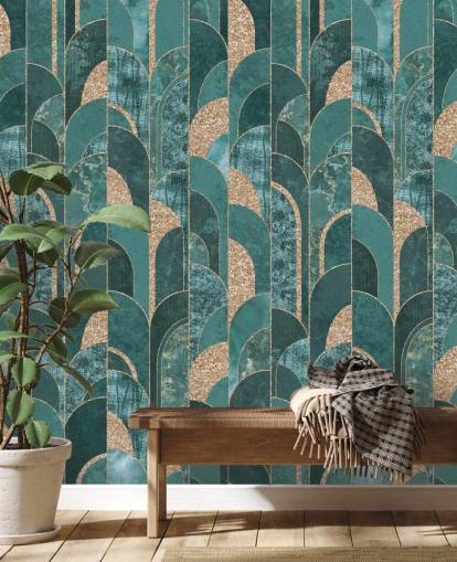 Dark and light teal with golden shapes art deco wallpaper