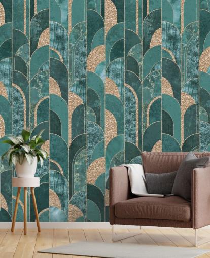 Papel de parede art déco escuro e claro com formas douradas