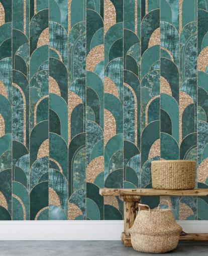 Dark and light teal with golden shapes art deco wallpaper Dark and light teal with golden shapes art deco wallpaper
