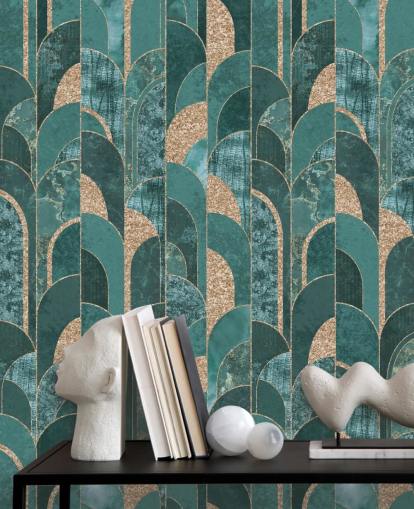 Carta da parati art deco scura e chiara con forme dorate