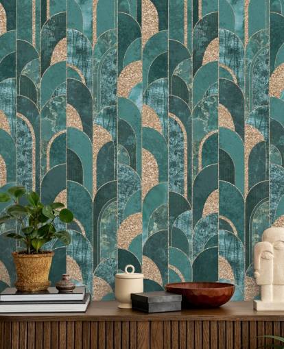 Dark and light teal with golden shapes art deco wallpaper