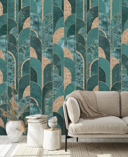 Papel pintado art decó verde azulado oscuro y claro con formas doradas