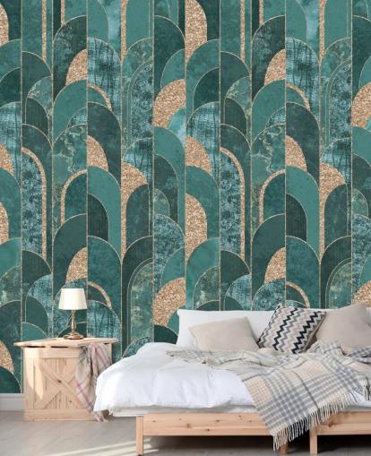 Dark and light teal with golden shapes art deco wallpaper
