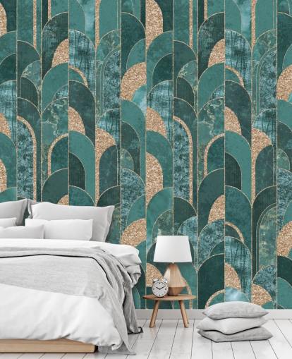 Papier peint art déco bleu sarcelle foncé et clair aux formes dorées Papier peint art déco bleu sarcelle foncé et clair aux formes dorées