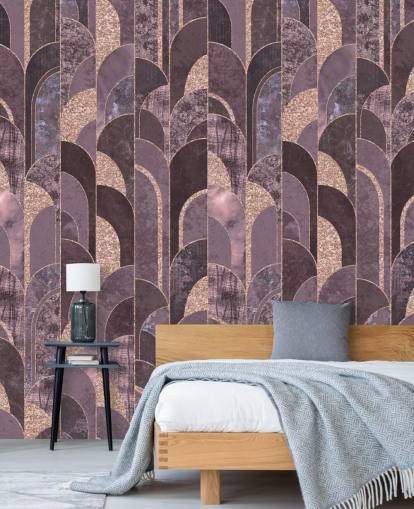 Papier peint art déco violet et or rose