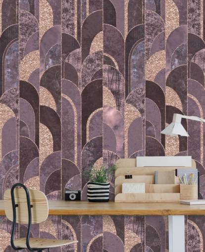 Art Deco-behang in paars en roségoud
