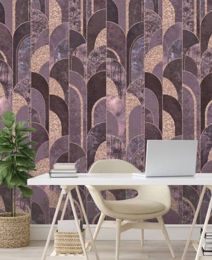 Papier peint art déco violet et or rose