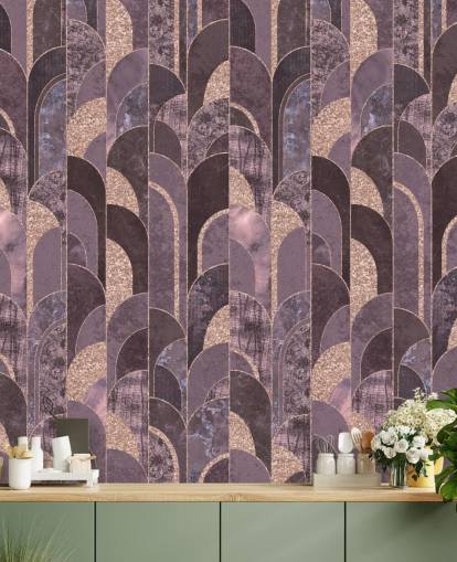 Art Deco-behang in paars en roségoud