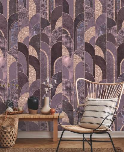 Papier peint art déco violet et or rose