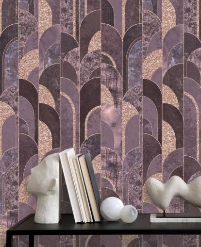 Art-Deco-Tapete in Lila und Roségold
