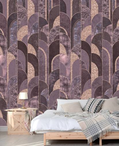 Papier peint art déco violet et or rose