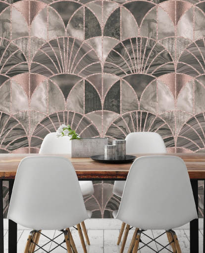 Papel de parede art déco bege e rosa