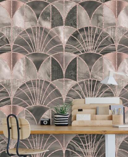 Papel de parede art déco bege e rosa