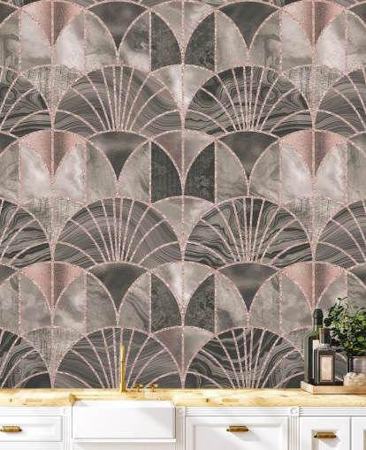 Carta da parati art deco beige e rosa