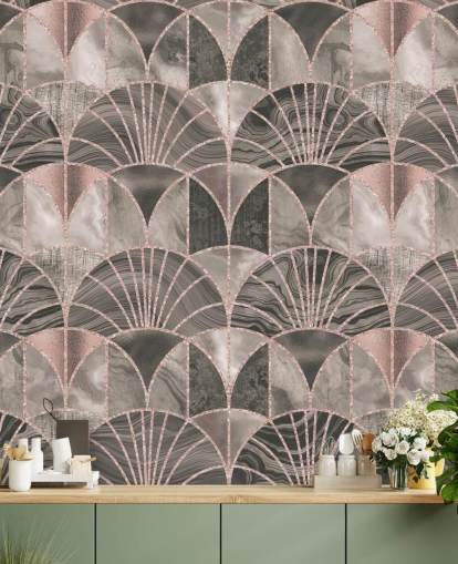 Art-Deco-Tapete in Beige und Rosa