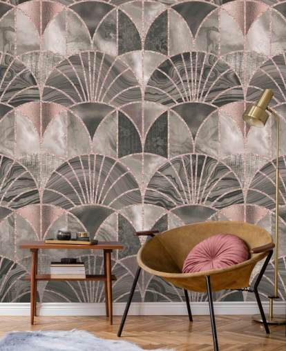 Papel pintado art deco beige y rosa