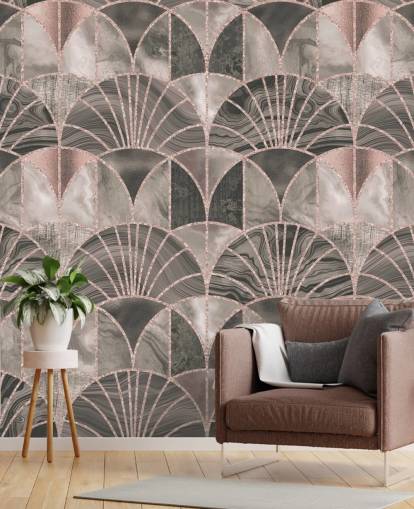 Beige och rosa art deco tapet